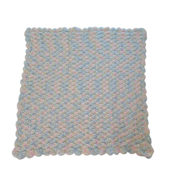 VTG Pastel Rainbow Colors Crochet/Knit Wool Square 30"x33" Baby Blanket Throw - Picture 7 of 13